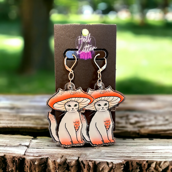 Mushroom Kitty Acrylic Dangles (Earrings)